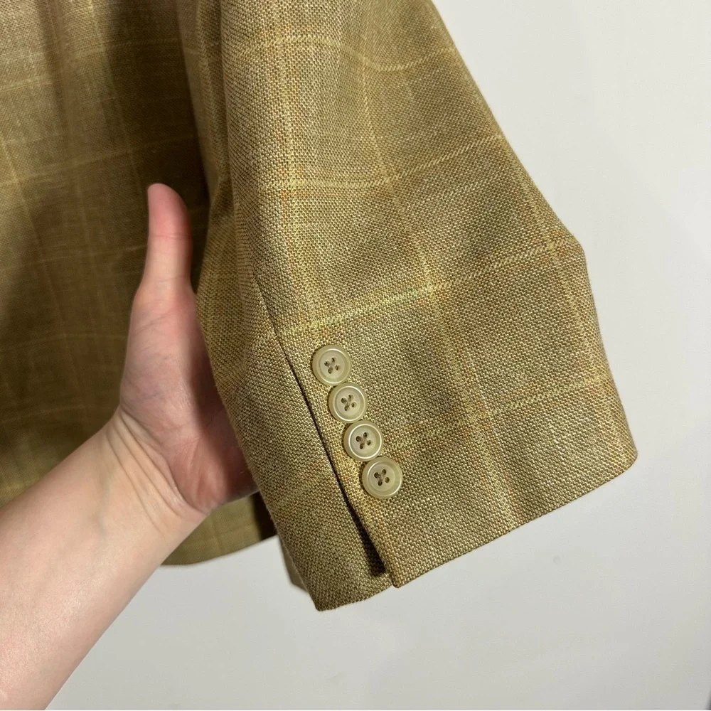 Lauren Ralph Lauren Wool Silk Linen Blend Tan Brown Plaid Blazer Jacket